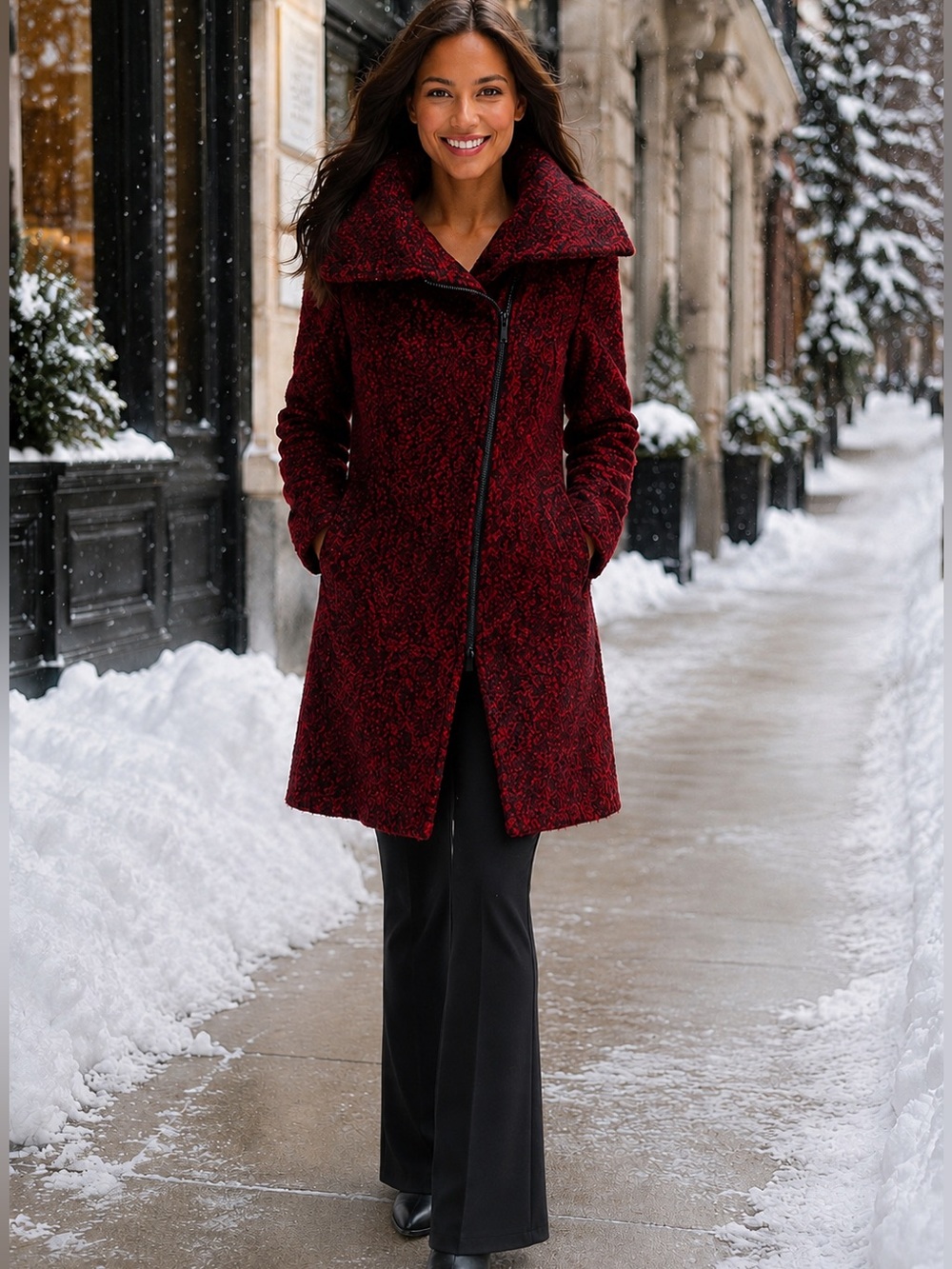 Soia & Kyo Red Black Bouclé Wool Blend Asymmetrical Zip Coat Size L
